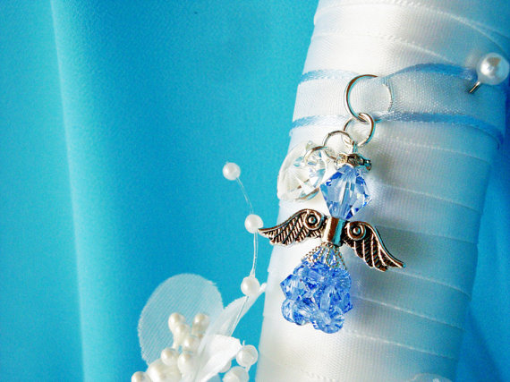 Mariage - Something Blue Wedding Bouquet Charm Swarovski Sapphire Crystal Angel Bridal Bouquet