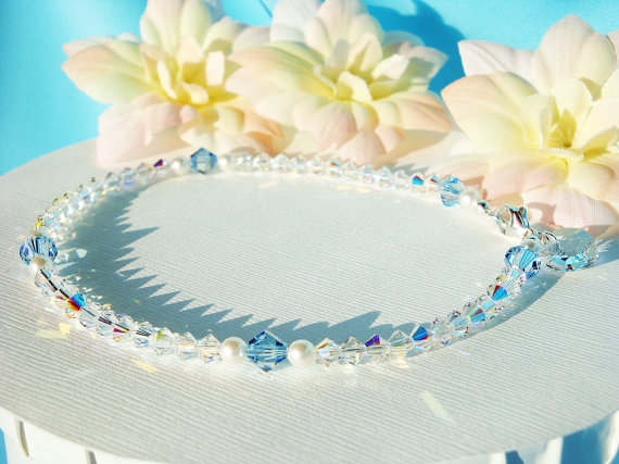 Hochzeit - Something Blue Anklet Swarovski Aquamarine Blue Crystal Wedding Ankle Bracelet Jewelry