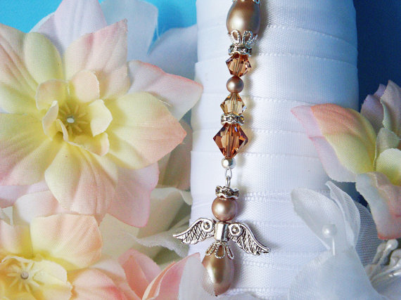 Hochzeit - Brown Wedding Angel Bouquet Charm Swarovski Crystals and Pearls Bridal Bouquet