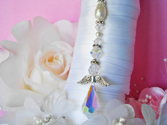 Hochzeit - White Wedding Angel Bouquet Charm Swarovski Crystals and Pearls Bridal Bouquet