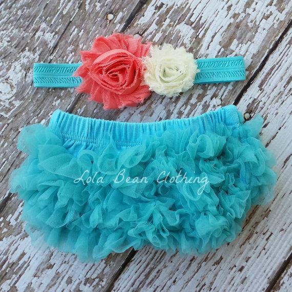 Mariage - Aqua Baby Bloomers Coral Ivory Aqua Headband Set Take Home Outfit Newborn Photography Prop Cake Smash 1st Birthday Outfit Beach Wedding
