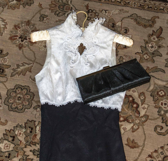 زفاف - TWO ITEMS:  Jessica McClintock formal wear/wedding wear and Jessica McClintock black clasp clutch purse, 1980's Jessica McClintock