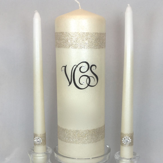 Свадьба - Wedding Unity Candle Set, monogrammed, gold glitter ribbon and crystal accents, customized, hand painted