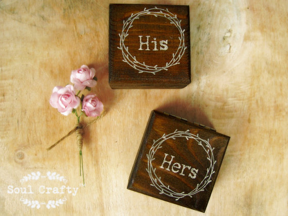 Mariage - Personalized His Hers Chic Inspired Rustic Dark Wood Ring Bearer Box Rustic Wedding Vintage Wooden box Gift box Wedding decor gift idea