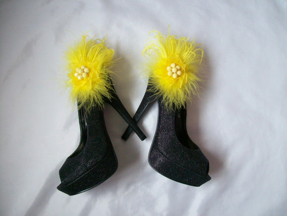 Свадьба - Bright Yellow Fluff Feather Satin or Lace Detail Glamorous Shoe Clips Bridal Wedding - Custom Made to Order