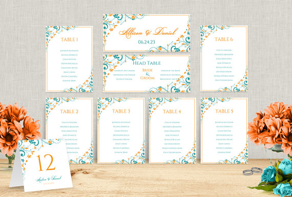 Mariage - Wedding Seating Chart Template - DOWNLOAD Instantly - EDITABLE TEXT - Chic Bouquet (Tangerine & Teal)  - Microsoft® Word Format