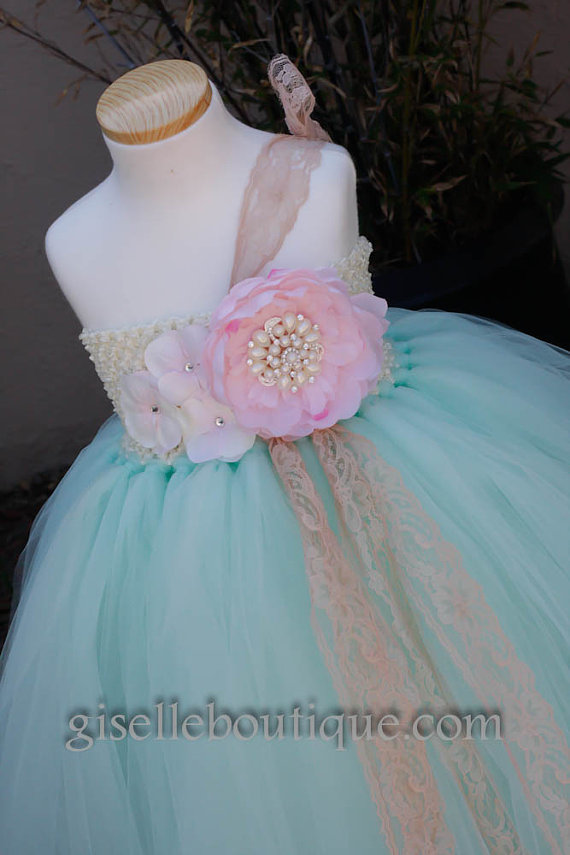 Wedding - Mint with Pink Flowers TuTu Dress. Wedding .Flower Girl Dress. Birthday