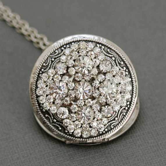 زفاف - Locket, Silver Locket, Locket,Rhinestone Locket,Jewelry Gift,vintage style  locket,Wedding Necklace,bridesmaid necklace