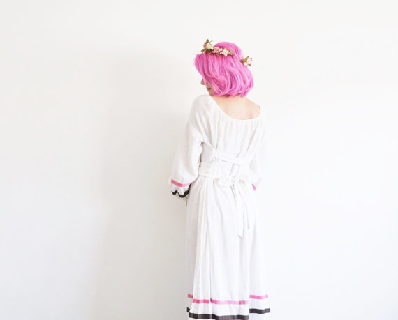 Wedding - ribbon trim hippie wedding dress . 1970 linen maxi gown .small.medium.large .disaster relief