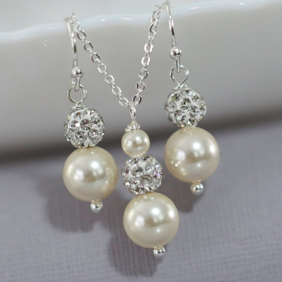 زفاف - Bridesmaid Gift - CHOOSE YOUR COLORS - Swarovski Ivory Pearl Necklace and Earring Set, Bridesmaid Jewelry Set, Maid of Honor Gift