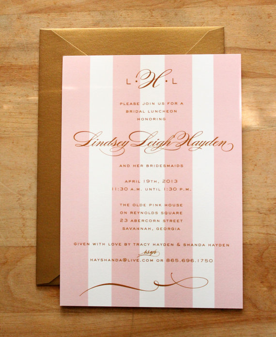 Hochzeit - bridal luncheon, bridesmaids' luncheon OR wedding shower invitation - pink monogram & stripes