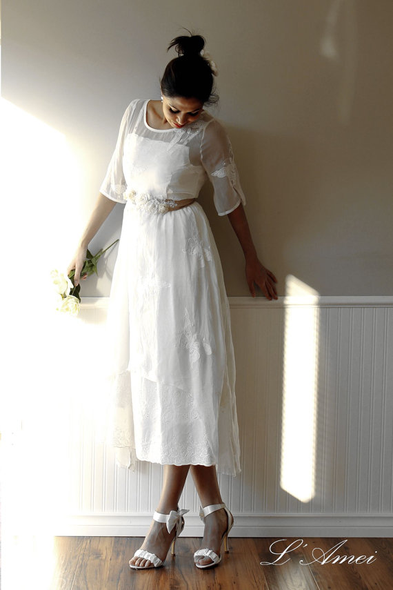 Hochzeit - Amazing 2 Piece Butterfly Embroidered Long Sleeve  Boho Wedding Dress