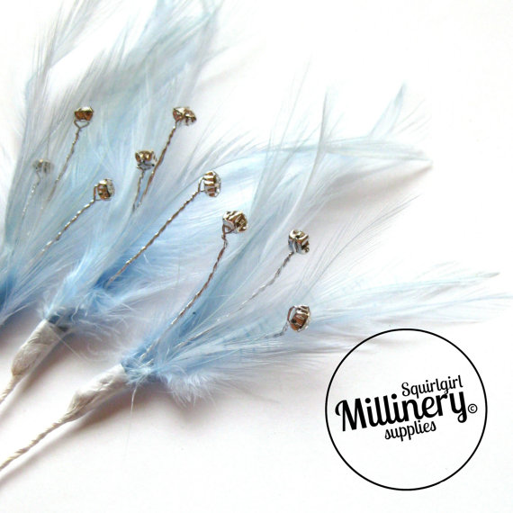 زفاف - 3 Light Blue Hackle Feather & Diamante / Rhinestone Wired Spray Mounts for Fascinators, Wedding Bouquets and Hat Trimming