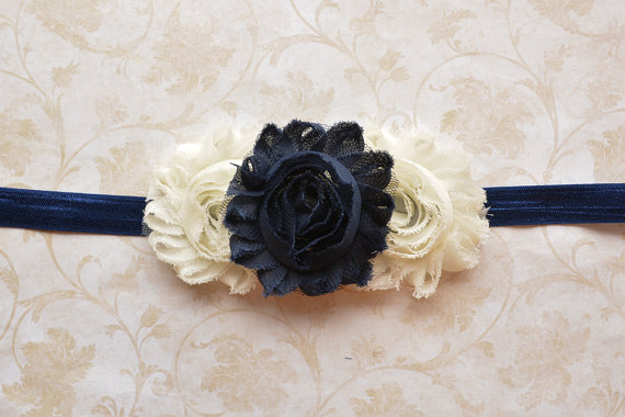 Wedding - Navy Blue & Ivory Flower Girl Headband. Dark Navy Blue and Ivory Flower Headband. Girls Hair Accessories. Shabby Chic Headband. Flower Girl