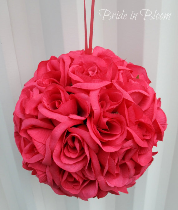 Mariage - Wedding flower ball Pomander hot pink kissing ball Wedding decorations flower girls bridesmaids