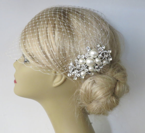 Wedding - Birdcage Veil and a Bridal Hair Comb (2 Items),bridal veil,Weddings, Jewelry, Sterling Silver, Rinestone, Crystal,pearl