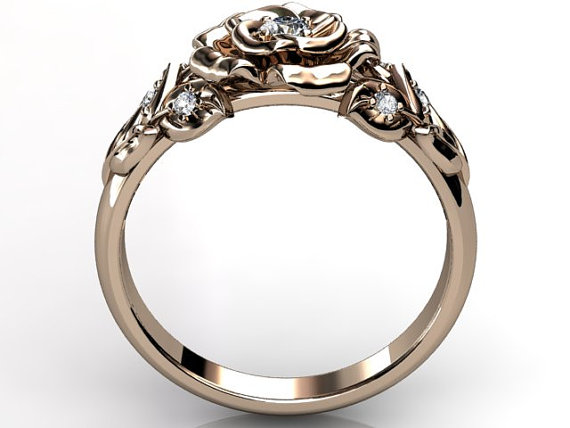 Wedding - 14k rose gold diamond unusual unique flower engagement ring, bridal ring, wedding ring, anniversary ring ER-1059-3
