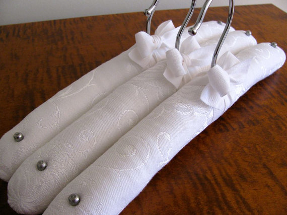 Wedding - Lingerie Hangers, Padded Hangers, Vintage White Damask Lingerie Hangers with White Organic Ribbon Accent (Set of 3)