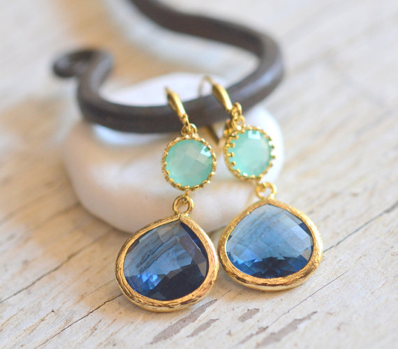 Wedding - Sapphire Blue Teardrop and Aqua Dangle Earrings in Gold.  Fashion Dangle Earrings.  Drop Earrings. Wedding Jewelry. Gold Earrings.