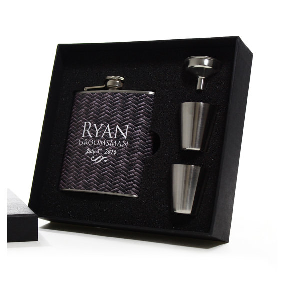 Hochzeit - Alcohol Gifts - 6 Faux Carbon Fiber Flask Gift Sets for Groomsmen, Ushers and Best Men