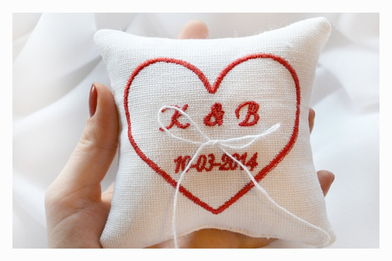 Wedding - Heart Embroidered Wedding ring pillow , ring pillow, ring bearer pillow with Custom embroidery (LR6)