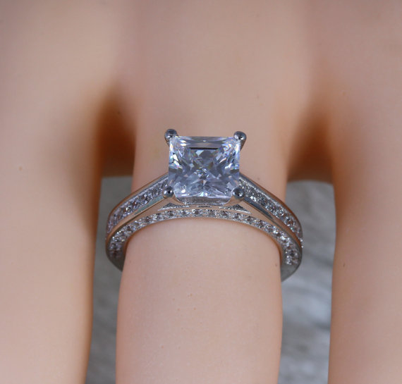 زفاف - Unique Solid Sterling silver princess cut lab diamond solitaire ring - handmade engagement ring - statement ring - cocktail ring