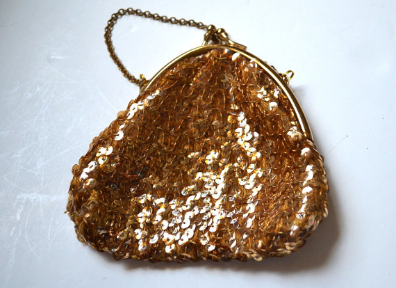 Wedding - 60's vintage gold sequin silk clutch hand made small evening purse cosmetic bag wedding party gift for her