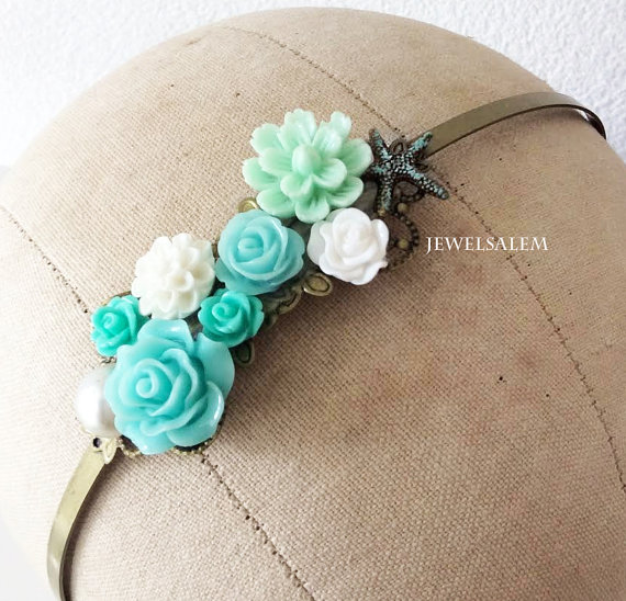 Hochzeit - Wedding Hairband Starfish Turquoise Flower Mint Bridal Headband Antique Brass Floral Hairpiece Statement Romantic Headpiece for Bride