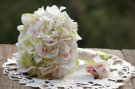 زفاف - Maids vory Peach PinkRose Hydrangea Bridal Bouquet FREE Boutonniere