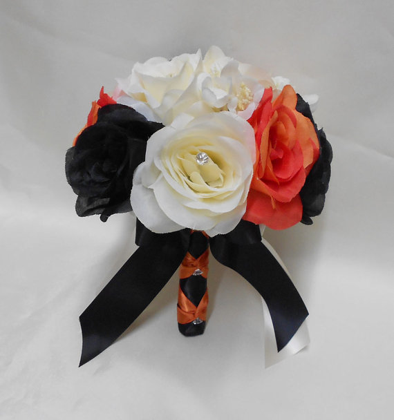 زفاف - Wedding  Silk Flower Bridal Bouquet Your Colors Black Orange Ivory Fall Bridesmaid Bouquet Roses  Toss  Boutonniere Corsages