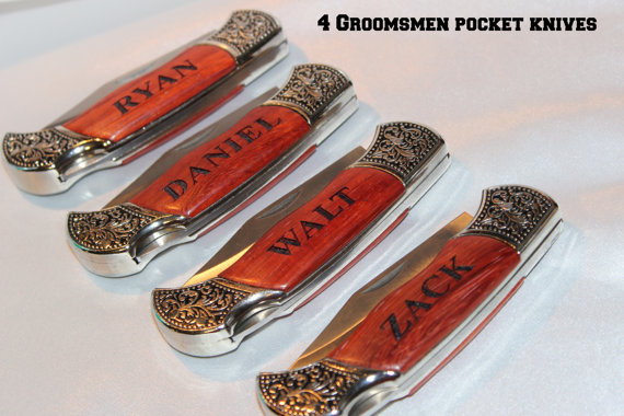 Hochzeit - Qty 4 - engraved pocket knife,  groomsmen knife, groomsmen gifts, laser engraved groomsmen gift,  mens pocket knifes,  groomsmen gift knife