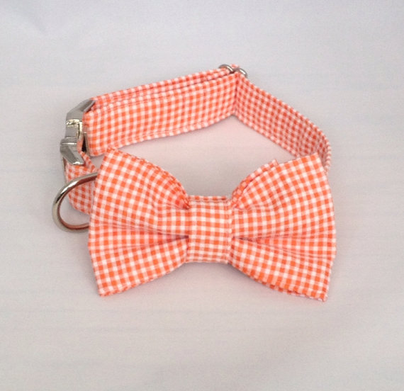Mariage - Preppy Orange Gingham Seersucker Dog Bow Tie Collar, Preppy Dog Bowtie Collar, Orange Check Dog Bow Tie Collar, Plaid Dog Bow Tie Collar
