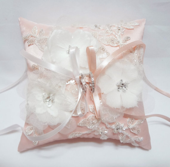 Hochzeit - Wedding Ring Pillow - pink satin silk ring pillow, floral ring pillow, ring bearer pillow