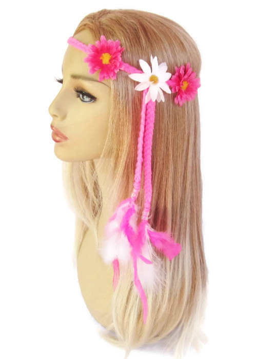 Wedding - Pink daisy braided festival hippie feather headband edc women hair accessories