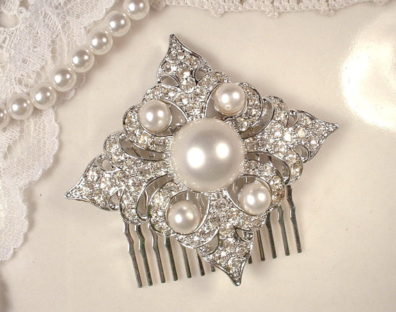 Mariage - Hair Comb OR Sash Brooch, Vintage Pearl Clear Rhinestone Bridal Art Deco Old Hollywood White Ivory Pearl Silver Hairpiece, Wedding Accessory