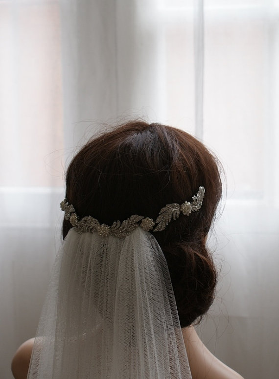 Hochzeit - Crystal Hair-Vine Bridal Headpiece and soft traditional veil in English Net. waltz, chapel, cathedral length
