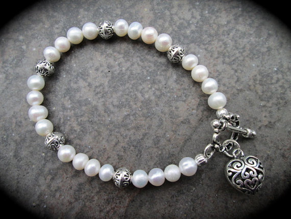 Hochzeit - Freshwater Pearl Bracelet with Silver Filigree Heart Charm and Toggle Clasp 7 1/2" Wedding Jewelry Bridesmaid Gift