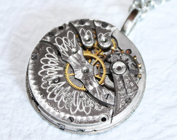 Hochzeit - Steampunk Necklace Jewelry - IMPRESSIVE Guilloche ETCHED Silver Antique Pocket Watch Movement Men Steampunk Necklace - Wedding Gift