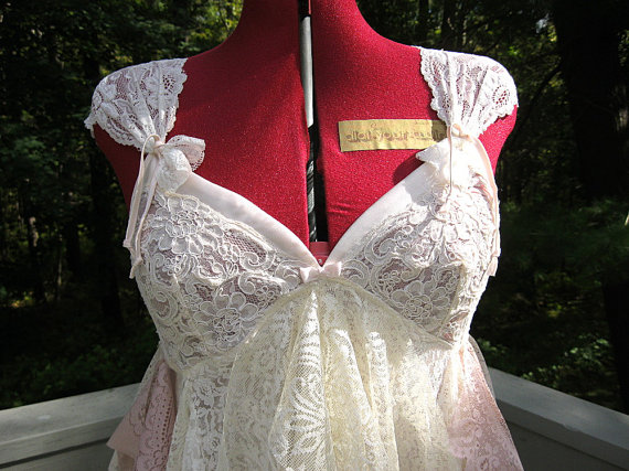 Свадьба - XL Upcycled blush tattered alternative bride boho hippie gypsy wedding dress, floor length, size 18 extra large, 42 inch bust