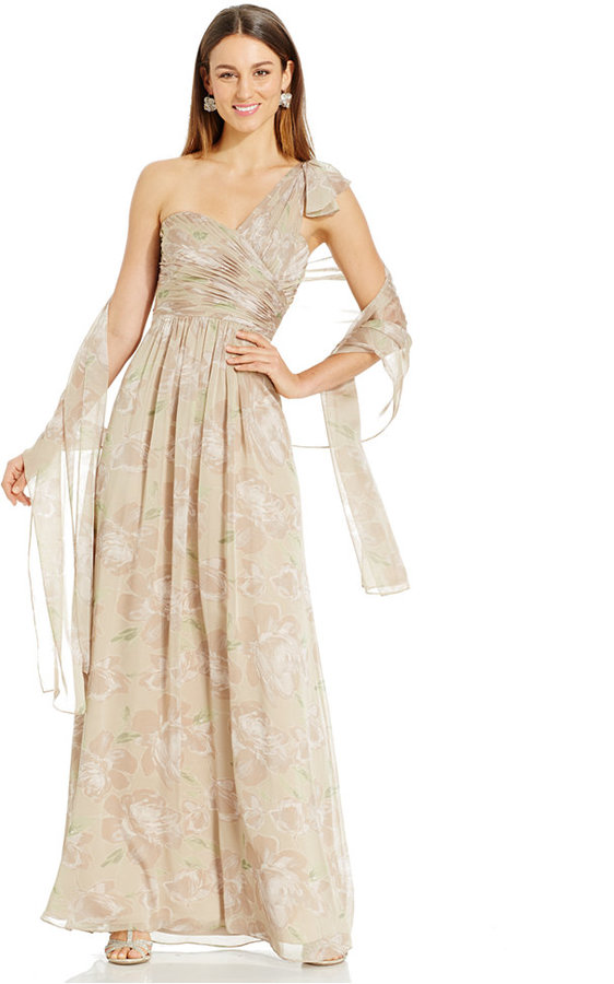 Wedding - Adrianna Papell One-Shoulder Floral-Print Gown and Shawl