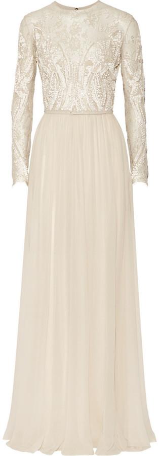 Hochzeit - Elie Saab Embroidered lace and silk-blend georgette gown