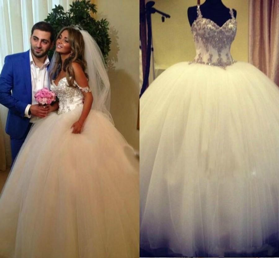 Wedding - Real Image Ball Gown Wedding Dresses Spaghetti Straps Tulle Beaded Puffy Tulle Chapel Length Spring Bridal Dresses 2015 Custom Made Romantic Online with $141.52/Piece on Hjklp88's Store 