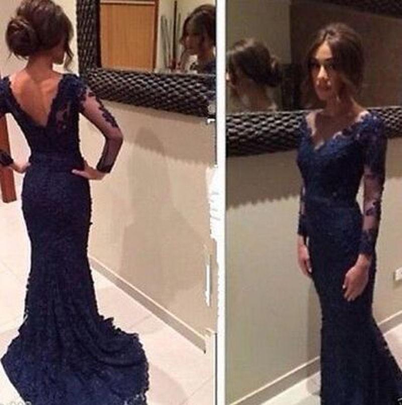 Свадьба - 2015 Lace Applique Evening Dresses Long Sleeve Illusion Trumpet Real Image Sweep Mermaid Dark Blue V-Neck Long Prom Sexy Party Formal Gowns Online with $118.38/Piece on Hjklp88's Store 