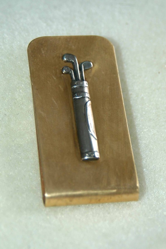 Wedding - Brass Money Clip With  Golf Clubs And  Golf Bag- Fore By Inspired Jewelry Designs