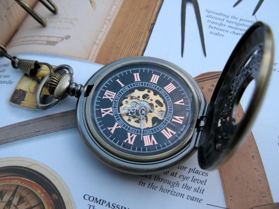 Hochzeit - Roman Pocket Watch, Antique Bronze Filigree Pocket Watch with Pocket Watch Chain - Watch - Groom - Groomsmen - Steampunk - Men - Item MPW41