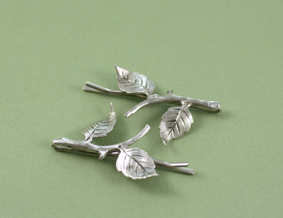 Свадьба - Branch hair pins leaves bridal silver bobby pin twig hair accessory leaf set woodland rustic wedding