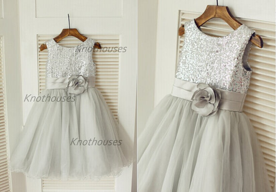 زفاف - Silver Sequin Tulle Flower Girl Dress Children Toddler Party Dress for Wedding Junior Bridesmaid Dress