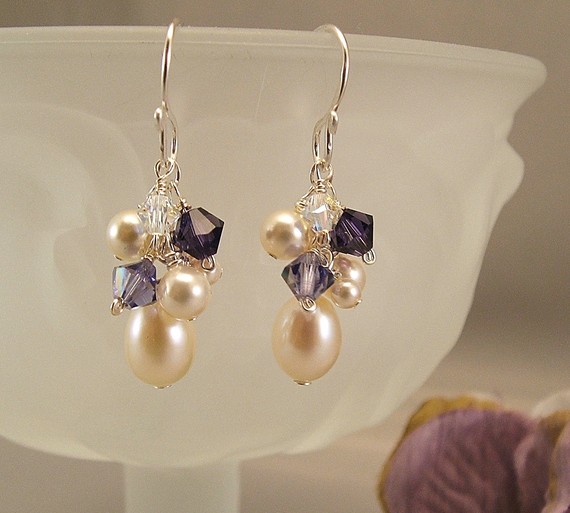 Wedding - Purple Velvet Blend Earrings, Purple Bridesmaid Earrings, Purple Wedding Jewelry, Swarovski Elements and Ivory Pearls