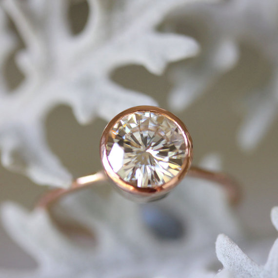 زفاف - 7.5mm Moissanite 14K Rose Gold Engagement Ring, Stacking Ring - Made To Order