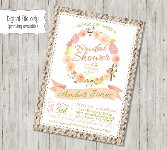 زفاف - Bridal Shower Invitation - Spring Summer Floral Green Coral Pink Flower Wreath - Printable Invitation